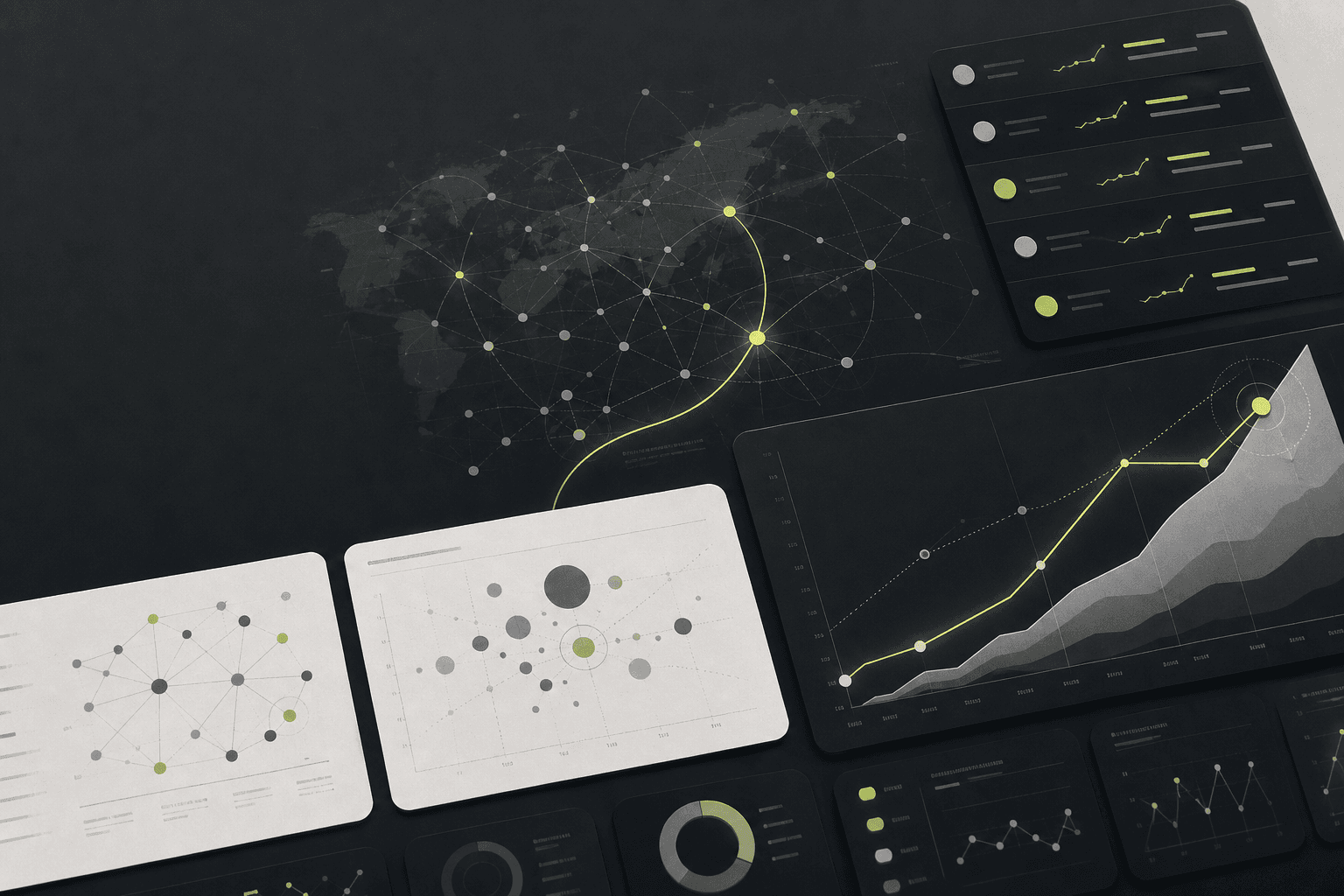 Abstract product visualization showing connected market signals and an emerging opportunity path